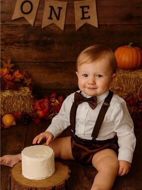 Baby Boy Fall Cake Smash Outfit brown Bow Tie Suspenders Bloomers 1st Birthday